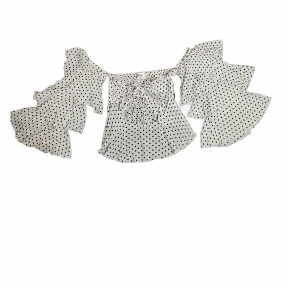 SEEK THE LABEL white polka dot retro ruffle sleeve‎ cropped top blouse M - Picture 4 of 12